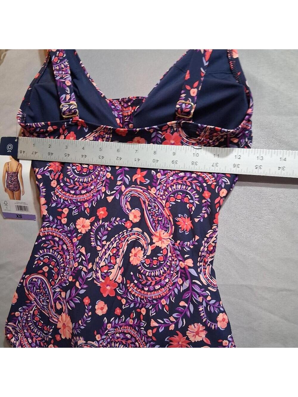 Land's End Paisley Floral One Piece Swimsuit Navy Coral Ruched XS - Picture 3 of 9